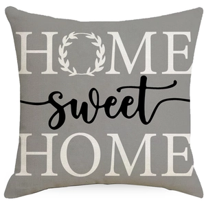Housse de coussin carrée en lin Home Sweet Home avec couronne de feuilles et motif floral