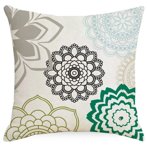 Bohemian linen mandala square throw pillow cover with colorful geometric floral patterns
