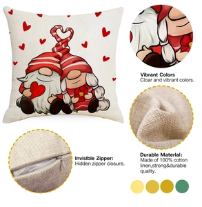Detailed views of linen pillowcase with gnome prints, hidden zipper, and fabric texture