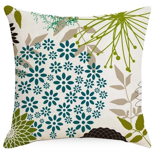 Mandala linen decorative pillow with abstract green leaves and blue floral patterns