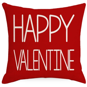Linen Valentine's Day red pillow cover with white Happy Valentine print for home decor