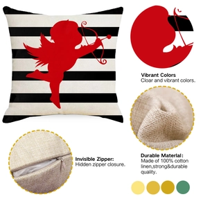Detail view showing Cupid print on linen fabric and smooth hidden zipper of the pillowcase