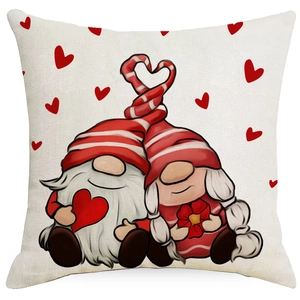 Linen Valentine's Day pillowcase with cute gnomes and red heart patterns for home decor