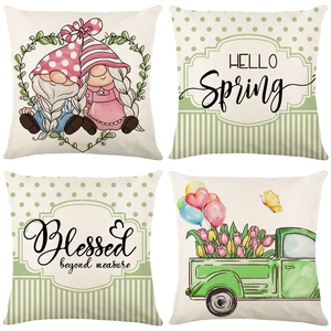 Spring Theme Printed Polyester Cushion Cover Easter Gnomes Floral Tulip Vintage Truck Pattern Square Throw Pillow Case For Home Sofa