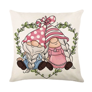 Spring gnome couple heart pillow cover in beige cotton linen for home sofa decor