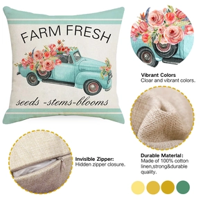 Detail showing durable cotton linen fabric, vibrant printing, and hidden zipper on pillowcase