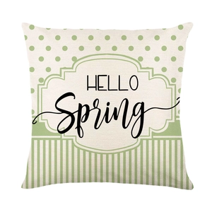 Green Spring pillow cover with HELLO Spring text polka dots and stripes for home sofa decor