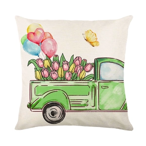 Spring green vintage truck and tulip watercolor print square throw pillow case cover