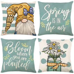 Spring Series Gnome Floral Printed Polyester Pillowcase Decorative Square Cushion Cover For Home Sofa Car Spring Decor