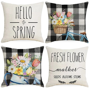 Polyester Square Throw Pillow Case Floral Printed Cushion Cover Buffalo Plaid Gingham Decorative Pillowcase For Home Sofa Bed