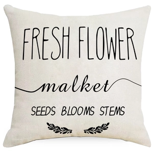 Linen square throw pillow cover with Fresh Flower print and black leaf patterns