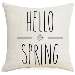 Linen square pillow cover with black Hello Spring floral print on white background