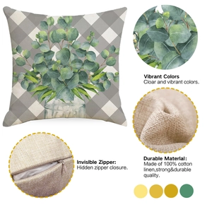 Linen pillowcase detail showing eucalyptus print, cotton fabric and invisible zipper