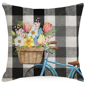 Black and white gingham pillow cover with watercolor blue floral bicycle print