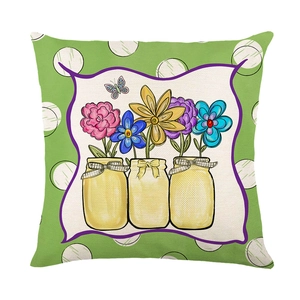 Linen pillowcase with spring floral mason jars and butterflies on polka dot background