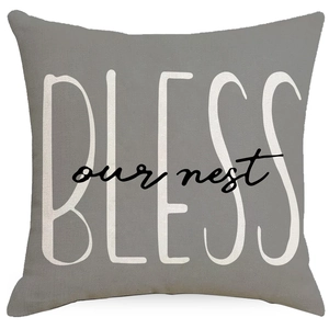 Linen blend throw pillow cover with minimalist BLESS our nest text print in grey