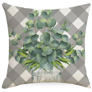 Linen eucalyptus leaf throw pillow cover with watercolor plant print and grid pattern