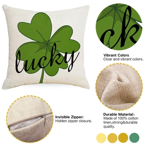 Detail of St. Patrick's Day linen pillowcase with lucky clover print and hidden zipper