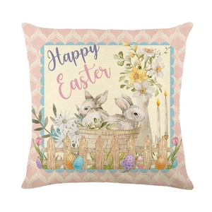 Pink Easter cushion cover featuring cute bunnies in baskets and colorful eggs