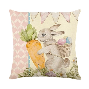 Pink Easter decorative pillowcase with watercolor bunny carrying basket and eggs design