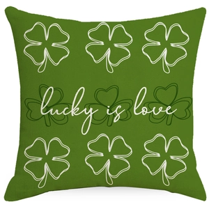 Green St. Patrick's Day clover pillowcase with Lucky is Love text on a white background