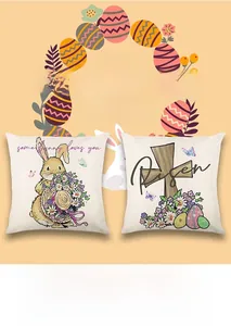 Detail of Easter pillowcases with bunny prints and religious motifs on light beige fabric