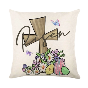 Easter rabbit linen pillowcase featuring a rustic cross, flowers, and Risen typography