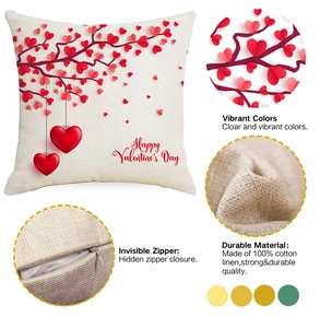 Detail of Valentine's linen pillowcase showing invisible zipper and heart tree print