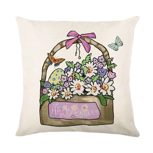 Happy Easter throw pillow cover featuring a floral basket with daisies and colorful eggs