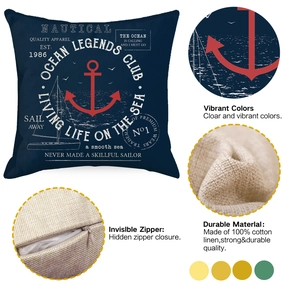 Detail view of cotton linen nautical pillow cover featuring hidden zipper and anchor print