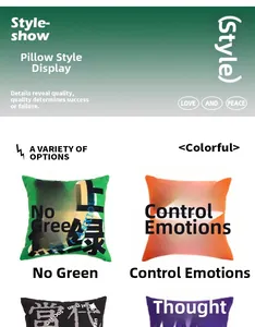 Detailed view of short plush pillowcases featuring creative Chinese slogans and prints
