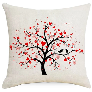 Linen Valentine's Day pillowcase with red heart tree and birds print on beige fabric