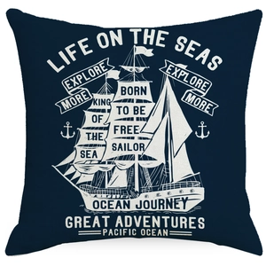 Linen anchor sailboat throw pillow cover in navy blue with vintage nautical print