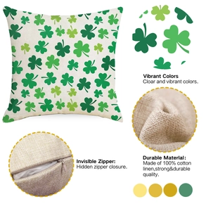 Detail of St. Patrick's Day linen pillowcase showing green clover print and hidden zipper
