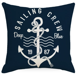 Navy blue linen anchor throw pillow cover with white sailing crew graphic print