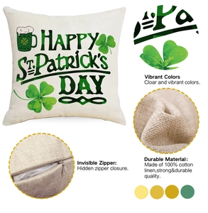 Détail montrant la fermeture éclair invisible et la texture lin sur la housse St. Patrick's Day