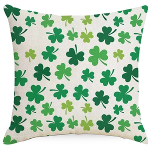 Square linen St. Patrick's Day pillow cover with green shamrock prints on beige background
