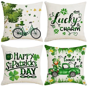 Lot de 4 housses de coussin St. Patrick en lin avec trèfles et motifs de camions