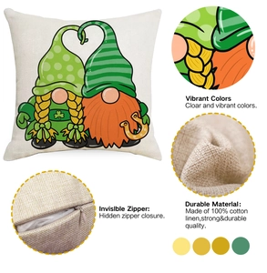 Close-up of Saint Patrick's Day gnome print, linen texture, and hidden zipper on pillowcase