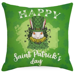 Saint Patrick's Day green clover pillow cover with white bunny and Happy Day print