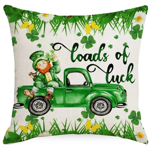 Housse de coussin en lin Saint-Patrick avec motif de camion porte-bonheur et leprechaun
