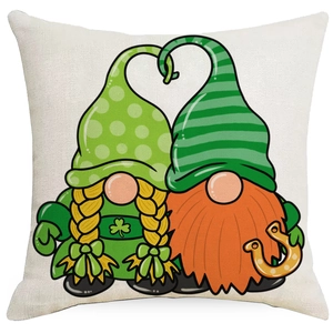 Linen St. Patrick's Day pillow cover with lucky gnomes and shamrocks on white fabric