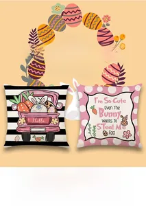 Detail of Easter pillow covers featuring pink truck and rabbit prints on linen fabric