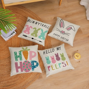 Set of four Easter linen pillow covers with bunnies and carrots for home sofa decor