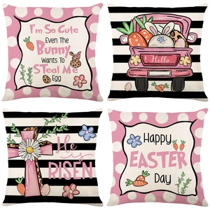 Easter Linen Cushion Cover Pink Truck Bunny Easter Eggs Pattern Decorative Square Pillowcase For Sofa Home Decor