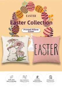 Detail of pink Easter cushion covers with bunny patterns and Happy Easter text prints