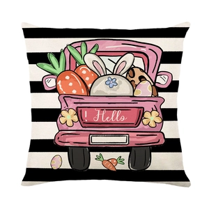 Easter pillow case featuring pink truck and eggs over black and white stripes