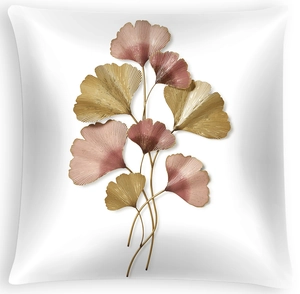 Modern white peach skin pillowcase with golden and pink ginkgo leaf pattern for home decor