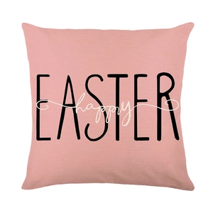 Pink linen Easter pillow case featuring happy Easter text on a clean white background