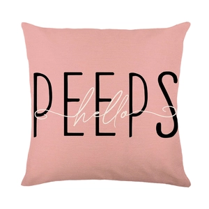 Pink Easter pillow case with PEEPS and hello print on a textured linen cushion cover